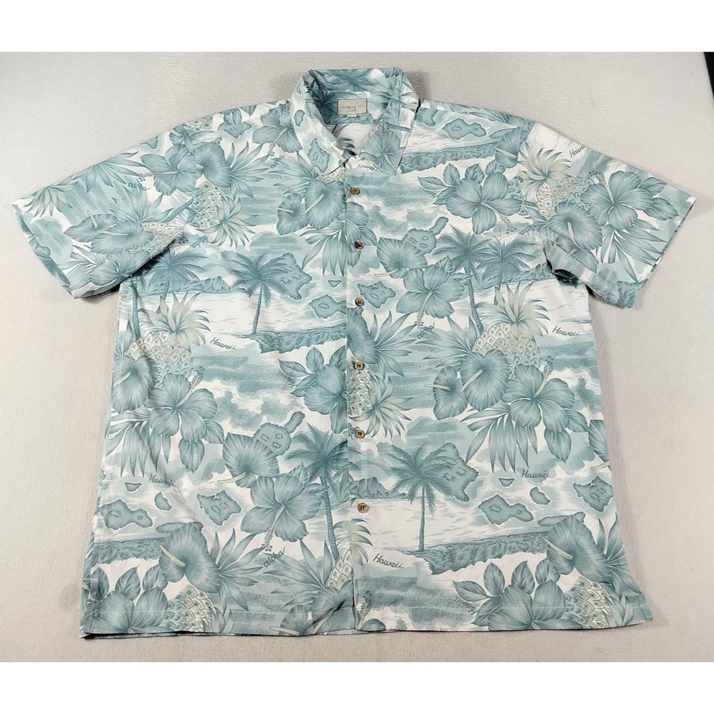 Trader Bay Shirt Mens 3XL Green Hawaiian Aloha Short Sleeve Button Up Beach AOP